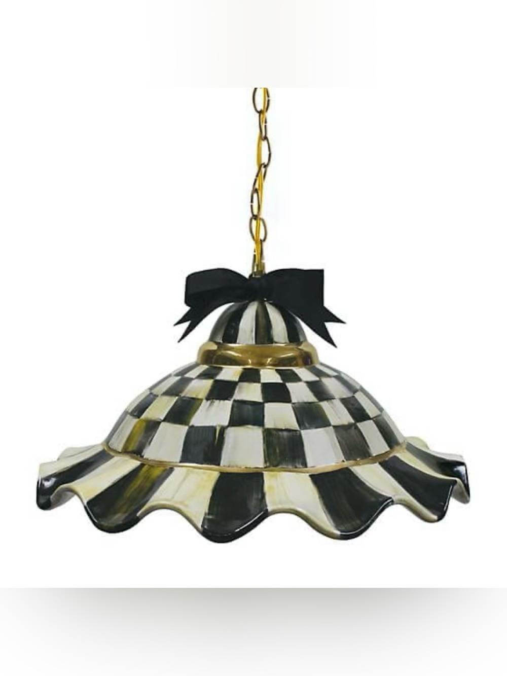 MacKenzie Childs Fluted Hanging Pendant Lamp Glass Shade black white Gold